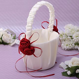 Flower Basket In Ivory Satin With Rose Petals