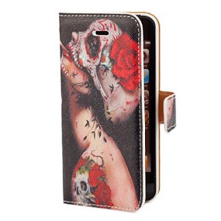 Cool Girl Wearing Skull and Red Rose Pattern PU Full Body Case with Card Slot and Stand for iPhone 5/5S