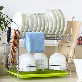 Kitchen Double Layers Dish Rack with Green Plastic Tray