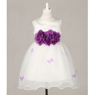 Ball Gown Jewel Knee Length Satin And Tulle Flower Girl Dress With Flower