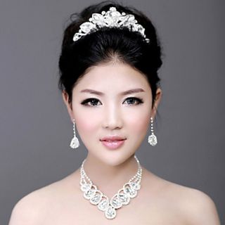 Exquisite Alloy Silver Plated With Rhinestone Wedding Bridal Tiara Necklace Earrings Jewelry Set