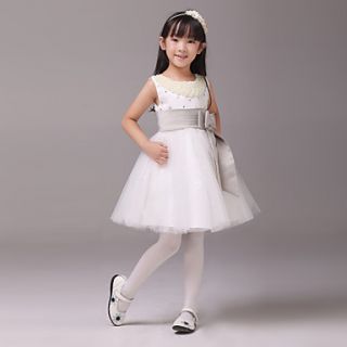 A line Jewel Knee length Satin And Tulle Flower Girl Dress