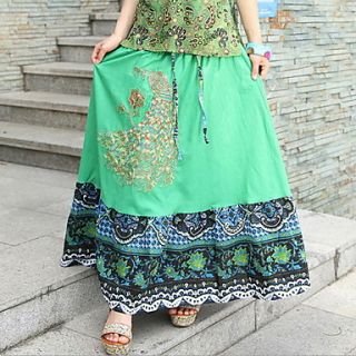 Bohemian Cotton Floral Peacock Pattern Stitching Elastic waist long dresses(Waist and Hem Random Delivery Patterns)