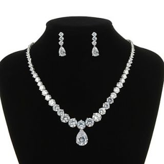 Amazing Copper Platinum Plated With Cubic Zirconia Necklace Earrings Jewelry Set