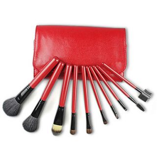 Pro High Quality 10 PCs Natural Goat Hair Makeup Brush Set with Snake Skin Pouch, Red Coffee Color