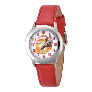 MARVEL Iron Man Kids Red Leather & Silver Tone Watch, Boys