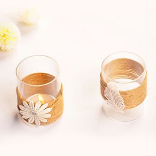 Cylinder Glass Candle Holder With Flower and Hemp Rope Decorated (Random Design)