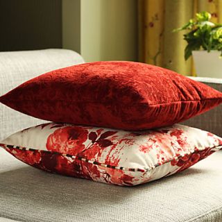 Set of 2 Classic Flower and Solid Velvet Polyester Decorative Pillow Cover