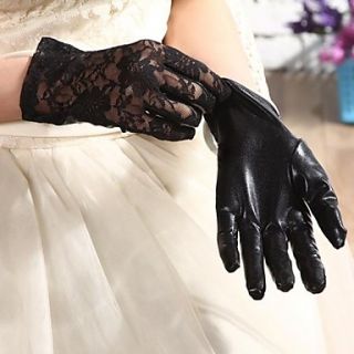 Sexy Stretch Lace and Faux Leather Wrist Length Gloves