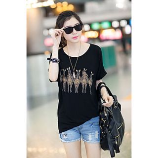 Uplook Womens Casual Round Neck Black Special Pattern Loose Fit Batwing Sleeve T Shirt 559#