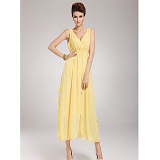 Color Party Womens Fashion V Neck Long Dress (Yellow)