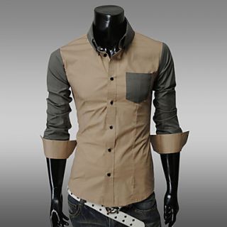 URUN Cotton Blend Lapel Collar Pocket Decorate Long Sleeve T Shirt(Khaki)