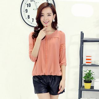 LCL Casual Middle Sleeve Cut Out Chiffon Round Neck Lace Joint Shirt(Pink)