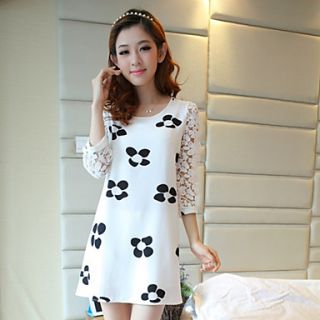 YIMN WomenS Lace Stitching Printed Long Sleeve Chiffon Dress(White)