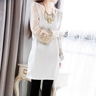 BeiYan Womens Fashion Large Mesh Splice Lantern Sleeve Dress(White)