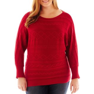 LIZ CLAIBORNE Dolman Sleeve Braided Cable Sweater   Plus, Red, Womens