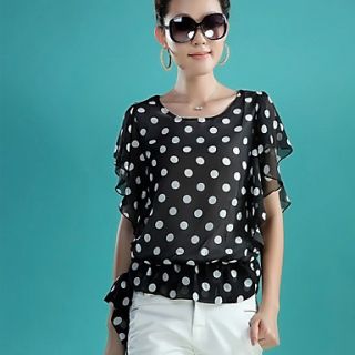 E Shop 2014 Summer Adjustable Waist Polka Dots Ruffle Sleeve Chiffon Shirt (Black)