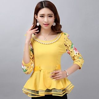 Lanliersi Chiffon Round Lace 3/4 Sleeve Bottoming Shirt (Yellow)