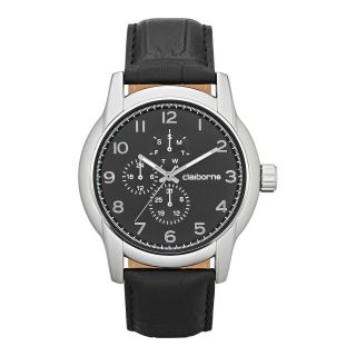 CLAIBORNE Mens Round Dial Black Leather Multifunction Watch