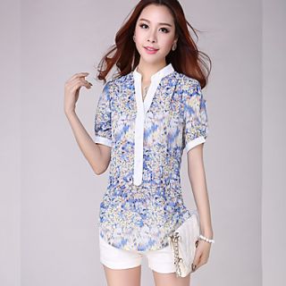 E Shop 2014 Summer Irregular Blue Floral Stand Chiffon Shirt