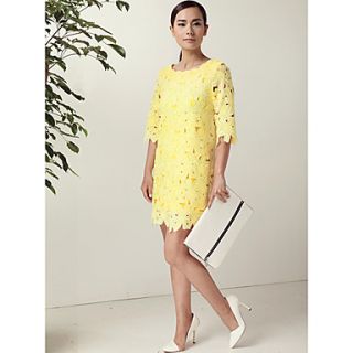 JRY Womens Simple Round Neck Yellow Lace Half Sleeve Big Size Dress