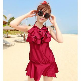Womens Pure Color High Collar Special Design Cute Style Nylon and Spandex One Pieces Swimsuit