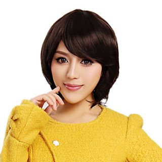 Capless Medium High Quality Synthetic Wave Dark Brown Hair Wigs Side Bang