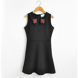 K Star Womens Korean Lapel Slim Embroidery Rose Dress(Black,White)