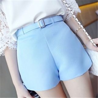 XiXi Womens Candy Color Straight Leisure Suit Shorts With Belt (Blue)