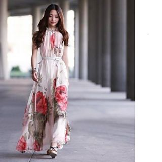 Womens Bohemian Style Halter Neck Large Floral Print Chiffon Maxi Dress