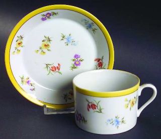 Sigma Grand Duchess Flat Cup & Saucer Set, Fine China Dinnerware   Yellow Bands,