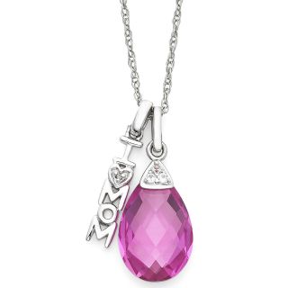 Lab Created Pear Shaped Pink Sapphire w/ Sterling Mom Charm Pendant, Womens