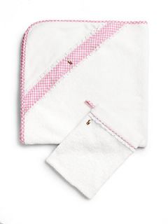 Ralph Lauren Infants Two Piece Gingham Hooded Towel & Mitt Set   Pink White