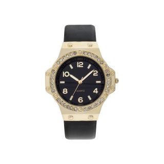 Womens Faux Leather Stone Accent Watch, Black