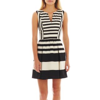 Allen B. Sleeveless Striped Fit and Flare Dress, Blk/slvr Brch