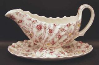 Spode Rosebud Chintz (2/8401, Pink Vine) Gravy Boat with Attached Underplate, Fi