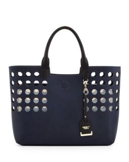 Hexagon Perforated Faux Leather Tote Bag, Navy