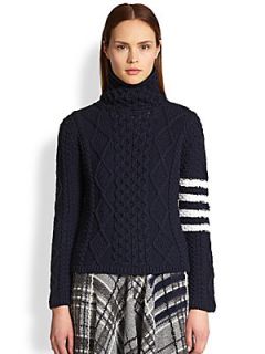 Thom Browne Aran Wool Stripe Detail Turtleneck Sweater   Navy