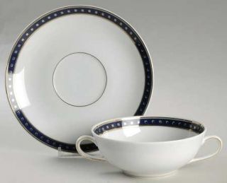 Christofle Babylone Blue Flat Cream Soup Bowl & Saucer Set, Fine China Dinnerwar