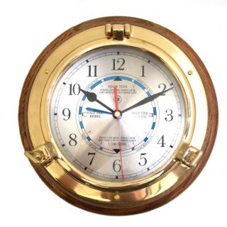Bey Berk International Brass Porthole Tide and Time Clock on Oak T.P.