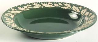 LL Bean Oak Ridge Rim Soup Bowl, Fine China Dinnerware   Green Background,Cream