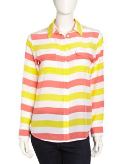 Signature Striped Long Sleeve Silk Blouse, Blazing Yellow/Coral