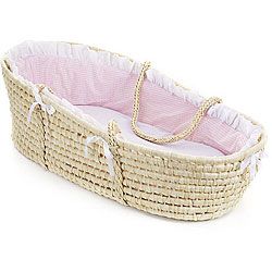 Natural Moses Basket With Pink Gingham Bedding