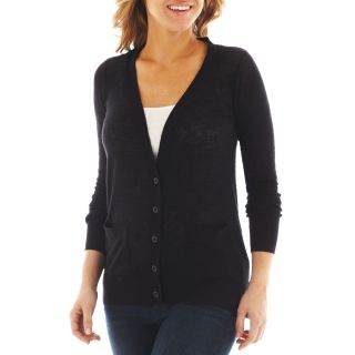 A.N.A Long Sleeve Button Front Cardigan   Petite, Black, Womens