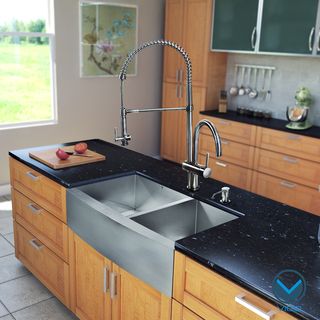 Vigo All in one 36 inch Farmhouse Stainless Steel Double Bowl Kitchen Sink And Faucet Set