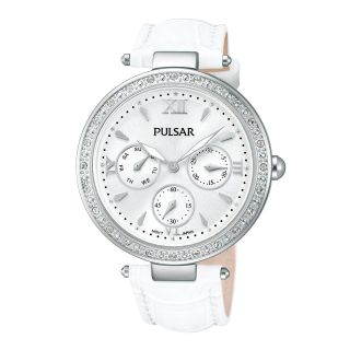 Pulsar Womens Crystal Accent White Leather Strap Watch