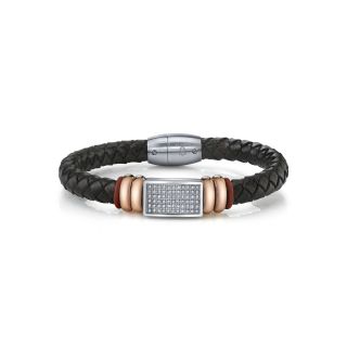 Maksim Cubic Zirconia and Steel Leather Bracelet, White, Mens