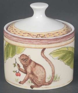 American Atelier Monkey Sugar Bowl & Lid, Fine China Dinnerware   Bamboo Rim, Mo