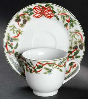 American Atelier Christmas Woodland Flat Cup & Saucer Set, Fine China Dinnerware