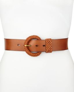 Braided Buckle Leather Belt, Light Brown